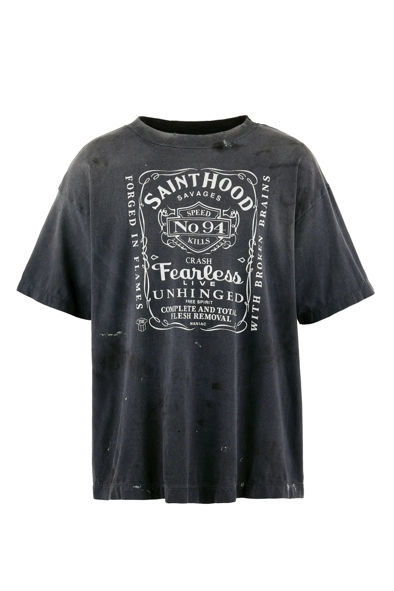 SAINT Mxxxxxx × NEIGHBORHOOD STHD . SS TEE FEARLESS/BLK NBHD Takizawa Shinsuke co-branded whiskey label/love skull angel distressed short sleeves washed black S-XL tube weave without side seam fabric ready-made Assute dyeing custom-woven NBHD co-branded main mark washed mark truly correct version top-level printing process restoration distressed treatment